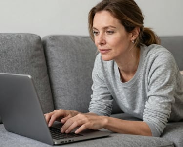 A warm, inviting coaching session with a person reflecting peacefully in a cozy, sunlit room.