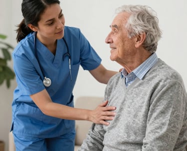 A compassionate caregiver assisting an elderly person during a sudden care transition.