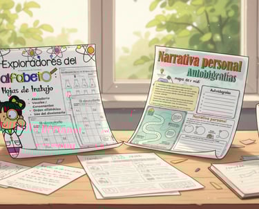 Recursos educativos de alfabetización y narrativa personal en un escritorio creativo con materiales 