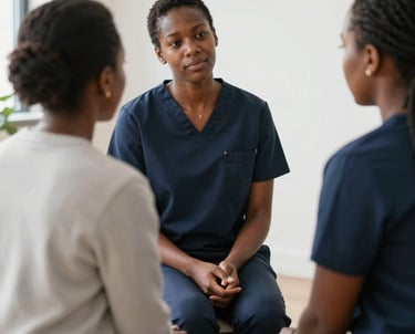 A warm, inviting therapy room with soft lighting and comfortable chairs.