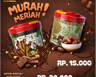 Promo Astor Rakyat chocolate and date wafers in jars with splashing liquid chocolate and dates.