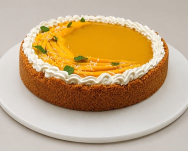 tarta de mango con una crujiente de galleta y unos toques de menta en la decoración merengue.