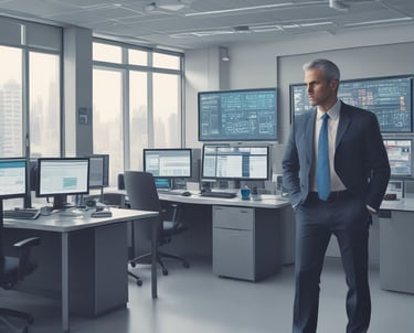 A modern security control room with multiple video surveillance monitors displaying live feeds.