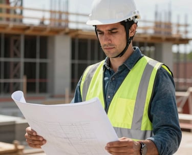 Portrait of a professional engineer in high-visibility gear and a white helmet, looking confidently over a blueprint in a modern South American construction site.