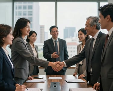 A group of diverse South American professionals in business attire shaking hands in a modern boardroom with windows looking out over a city.