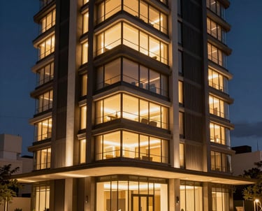 Exterior night shot of a high-end South American apartment building with floor-to-ceiling windows and golden interior lighting, emphasizing exclusivity.