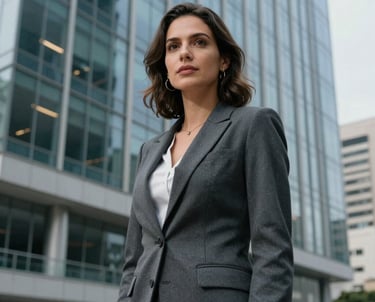 Portrait of a female professional architect in a dark grey blazer, standing in front of a modern glass building in Brazil.