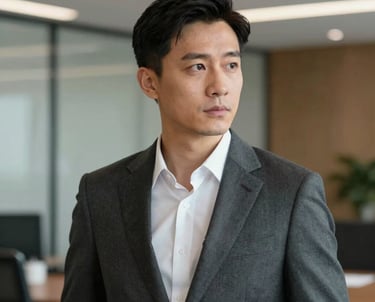 Portrait of a male professional in a dark grey suit and white shirt, looking strategically into the distance in a sophisticated office setting.