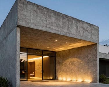 Architectural photography of a minimalist concrete building entrance in Brazil, with sleek lines and golden accent lighting during the blue hour.