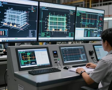 A high-tech control room on a construction site with screens showing building blueprints and metrics, reflecting technological advancement.