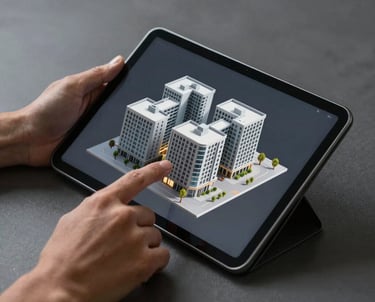 Close-up of hands reviewing a digital tablet with a 3D building model, with a graphite grey background and warm accent lighting.