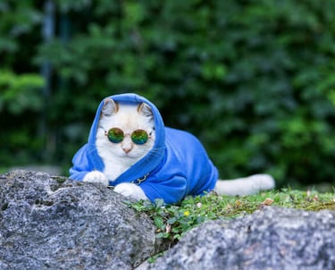Gato con sudadera azul y lentes de sol