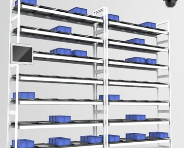 Smart warehouse storage racks with blue bins, tablet interface, and surveillance camera for inventory management.
