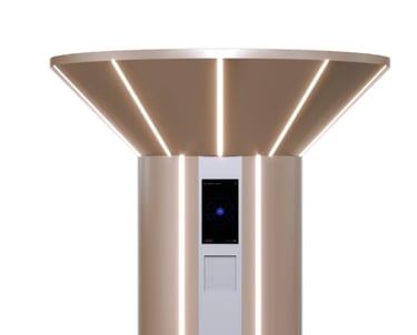 An automated drone docking station and charging port with a delivery drone hovering above it.