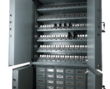 Bluetooth control Heavy-duty steel security cabinet with handgun storage racks and lock drawers.