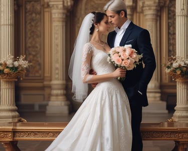 a bride and groom standing in front of a large building