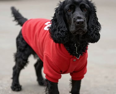 Un Cocker Spaniel negro de orejas rizadas que lleva un suéter rojo para perros.