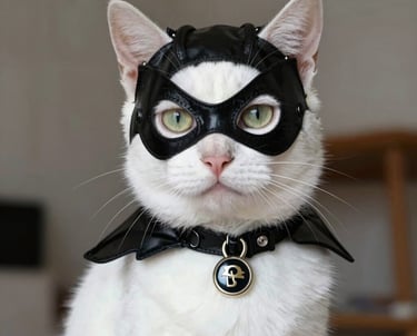 Gato blanco con máscara y capa de superhéroe negras, como un disfraz creativo para mascotas.