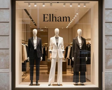 Elegant storefront of Elham Luxe trading company in Dubai with stylish displays of handbags and perfumes.