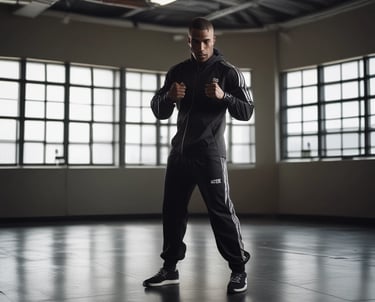 A dynamic photo of a fitness influencer mid-workout, glowing with energy against a clean, bright background.