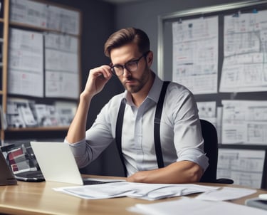 A calm professional reviewing documents and notes on a laptop in a minimalist office.