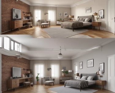 Before and after image of a home room showing one side old and the other side fully renovated modern.