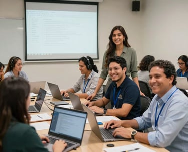 A team collaborating around a computer screen showing workflow automation charts.
