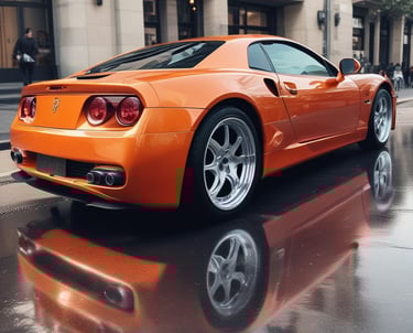 A sparkling clean car parked outdoors with sunlight reflecting off its polished surface.