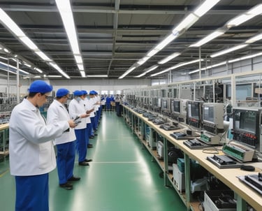 Photo of a production line assembling LED drivers in a modern factory setting.