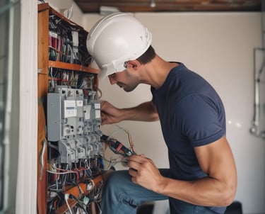 An electrician installing wiring in a modern office space with tools and safety gear.