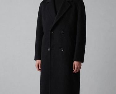 A minimalist fashion editorial shot of a person in a tailored black wool coat standing against a stark light grey wall. High contrast, sharp focus, desaturated palette. Western European / International style.