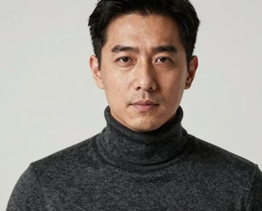 Portrait of a professional man in a dark grey turtleneck against a soft white background. Soft lighting, calm and authoritative expression. International creative look.