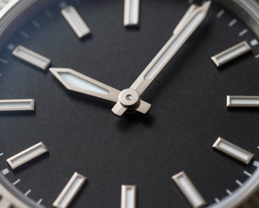 A macro shot of a luxury watch dial with a black face and brushed silver indices. Sharp, precise, and authoritative. Desaturated palette.