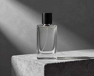 A minimalist perfume bottle standing on a raw concrete pedestal. Sharp lighting creates dramatic shadows. Monochrome palette. Industrial luxury aesthetic.