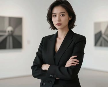 Portrait of a professional woman in a sleek black blazer, arms crossed, standing in a bright minimalist gallery. High contrast, desaturated.