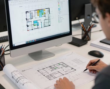 A sleek digital dashboard displaying color-coded construction plans and cost data.