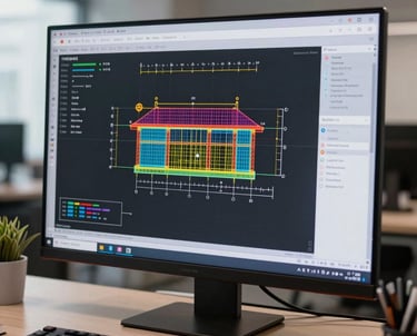 A professional estimator reviewing blueprints with a calculator and laptop on a construction site.