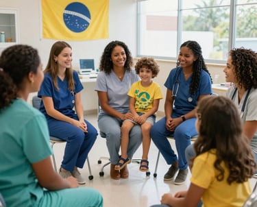 A warm and vibrant photo of a group of children and professionals engaging in a joyful therapeutic activity outdoors.