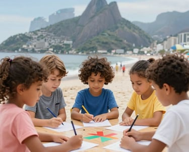 Children participating happily in a group educational activity outdoors.