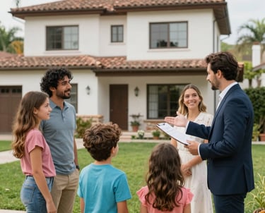 A professional real estate advisor warmly shaking hands with a happy property owner in a modern office.