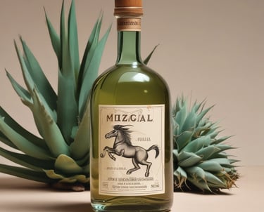 Close-up of a rustic bottle of artisanal mezcal with agave plants in the background.