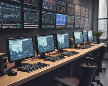 A confident trader analyzing algorithm performance on multiple monitors in a modern office setting.