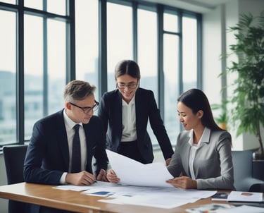 A professional consultant discussing market strategies with a Japanese startup team in a modern office setting.