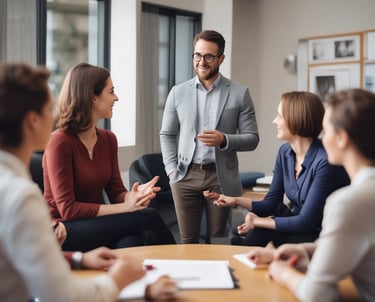 A warm, professional photo of a leadership coaching session in progress, showing engaged clients and a confident coach.