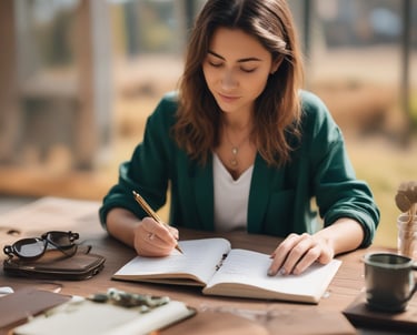 A cozy workspace featuring olive green and terracotta stationery items, including journals and bookmarks, bathed in soft natural light.