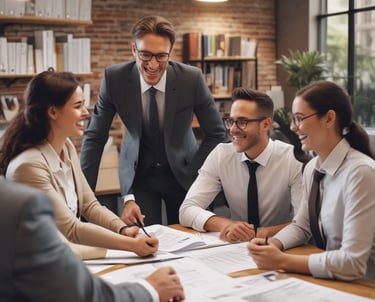A professional team collaborating around a table with documents and laptops in a bright office.