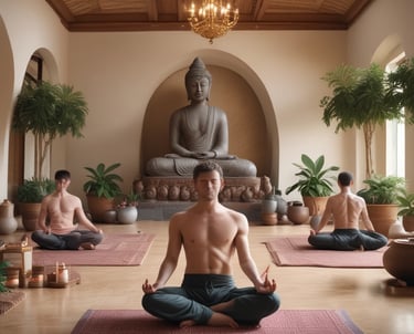 Indian man performing a serene yoga pose surrounded by warm, creamy tones.