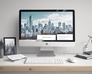 A sleek laptop screen showing a clean, modern website interface with neutral colors.