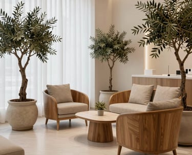 A serene waiting area of a luxury dental boutique in Southern Europe, featuring oak wood furniture, olive trees in ceramic pots, and soft white curtains.