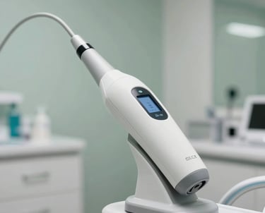 A high-tech digital intraoral scanner in a bright, modern Southern European dental office, clean lines, sage green accents in the background.